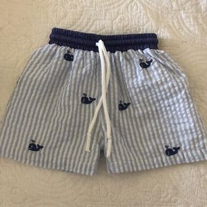 Smocked Polkadot 6m lined seersucker swim trunks